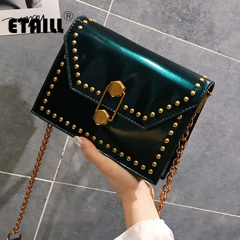 

ETAILL New Spring Patent PU Leather Women Bags Famous Designer Brand Rivets Chain Bags Red Luxury Women Messenger Bags Tote Bags
