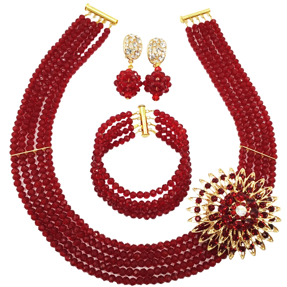 

Latest African Wedding Nigerian Beads Jewelry Sets Wine Bride Crystal Statement Necklace Set Women Gift Free Shipping 5C-DS005
