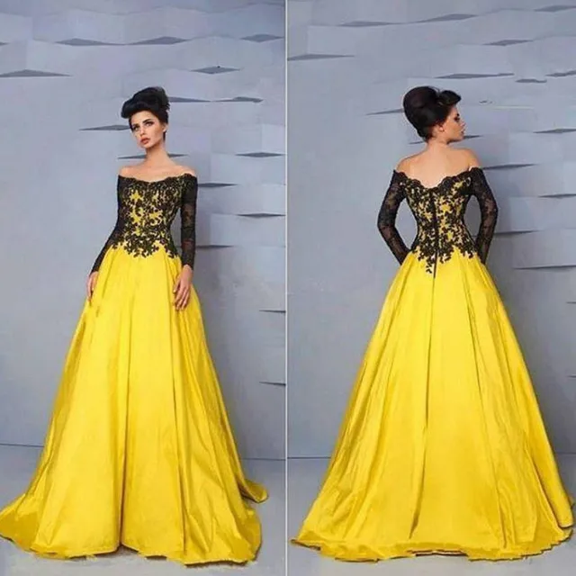 Luxury Long Sleeves Black and Yellow Plus Size Stain Prom Dresses