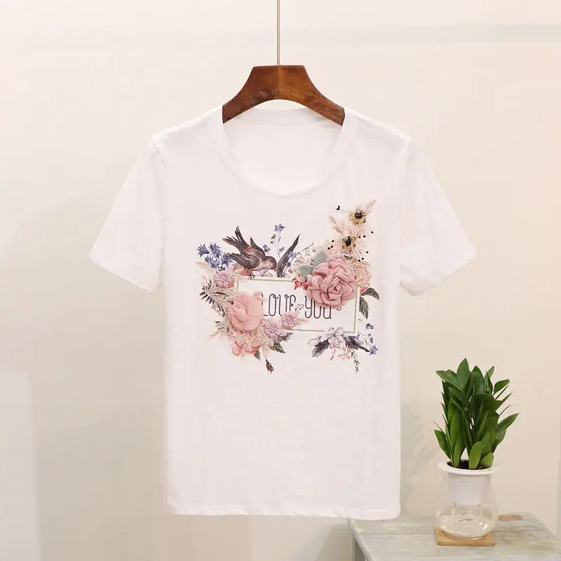 Neploe/новая футболка с пайетками и бусинами футболка с круглым вырезом и объемным цветком и короткими рукавами, топы с рисунком птицы и буквами, Новая повседневная футболка 37937 - Цвет: white tshirt