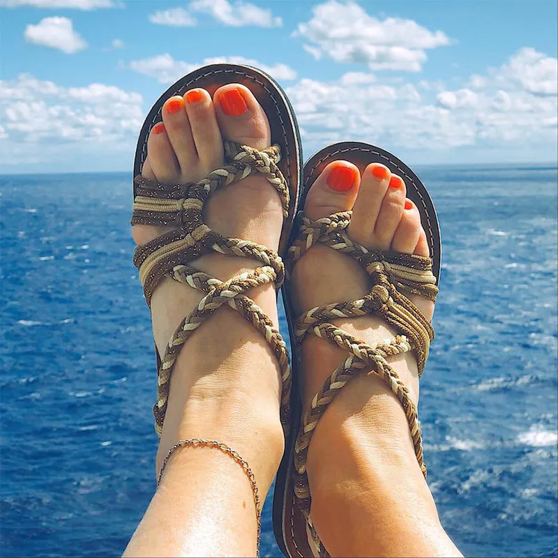 

MCCKLE Plus Size Summer Women Sandals Rome Cross Tied Sewing Flats Retro Bohemia Ankle Strap Shoes Female Beach Shoes Casual