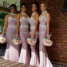 Halter Pink Mermaid Bridesmaid Dresses Robe Demoiselle D’honneur Wedding Guest Dress Wedding Maid of Honor Dress With Flowers