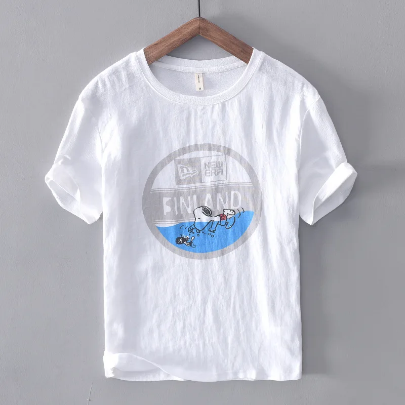 Summer Cartoon print t-shirts men o-neck short sleeve casual tees for 2019 men's linen cotton white young | Мужская одежда