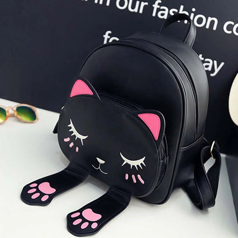 Cute Girls Cartoon Cat Backpack Adjustable Strap Leather Backpacks For