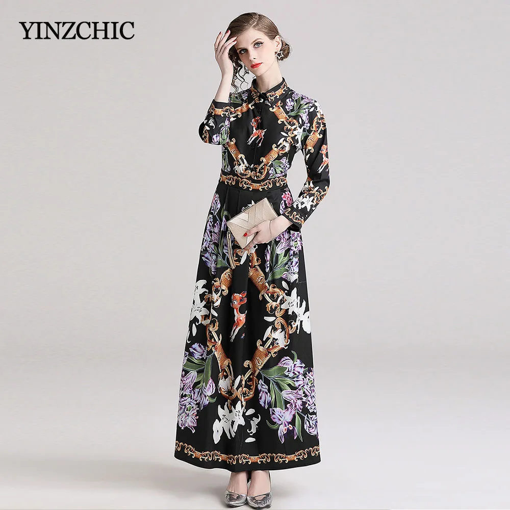 

Spring New Womans Print Dress Turn-down Collar Female Maxi Party Dress Animals Printed Long Dress Woman Vintage Dress Woman