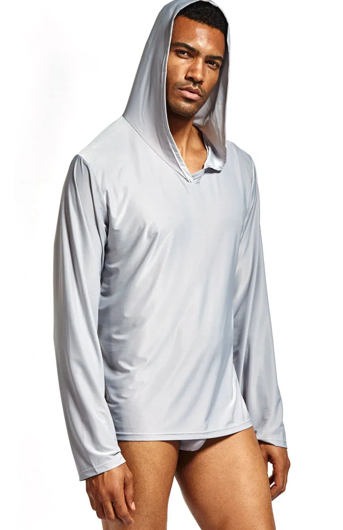 Мужская мягкая шелковая пижама с капюшоном рубашка гостиная сон Топ длинный рукав, для йоги Swearshirt
