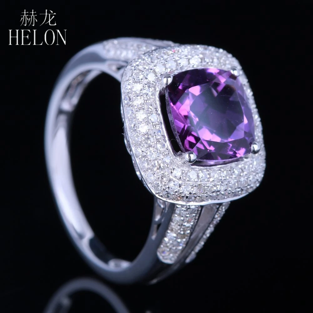 

HELON Sale 8x8mm Cushion 2.3ct Amethyst 0.6ct Diamond Jewelry Unique Solid 10K White Gold Fine Ring Party Gorgeous Jewelry Ring