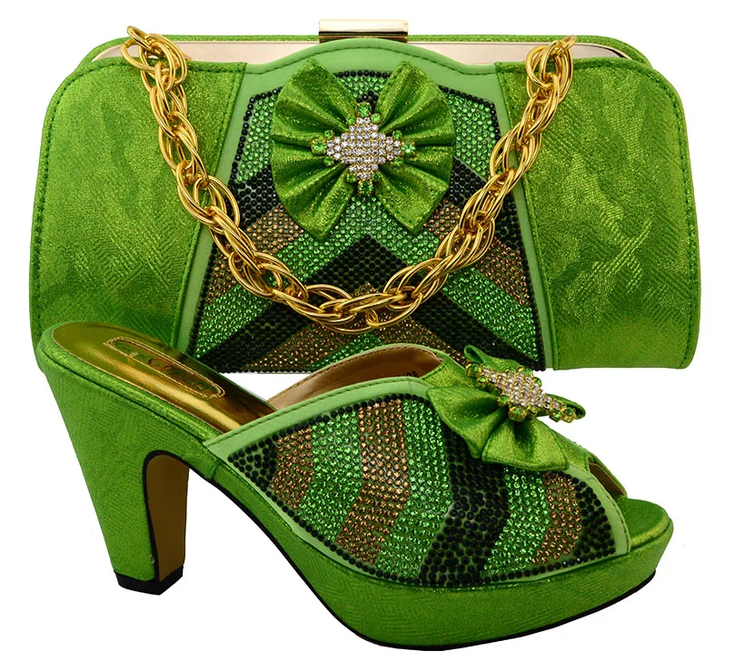 New green color Hot sale italian shoes and bag set MM1028 african women wedding shoe and bag set ...