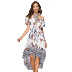 Новый Для женщин Лето Нерегулярные Печатные Эластичный Пояс Slash шеи платье Асимметричный Повседневное Vestidos