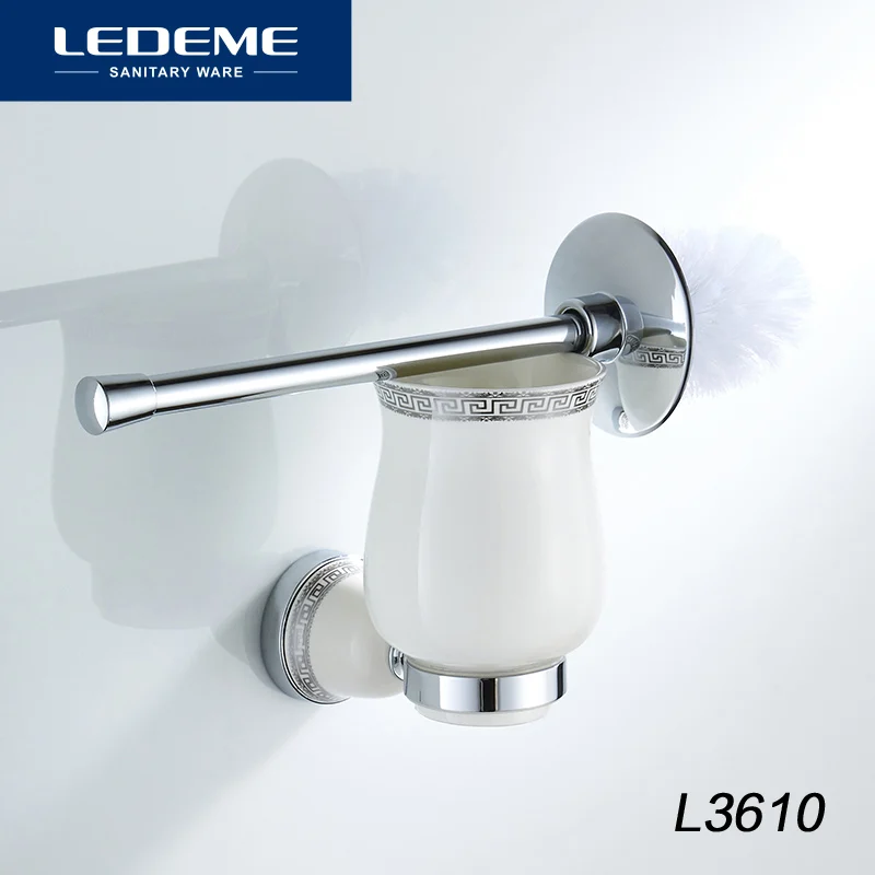 LEDEME Toilet Brush Holders Chrome Base Round Wall Mounted Ceramic Cup