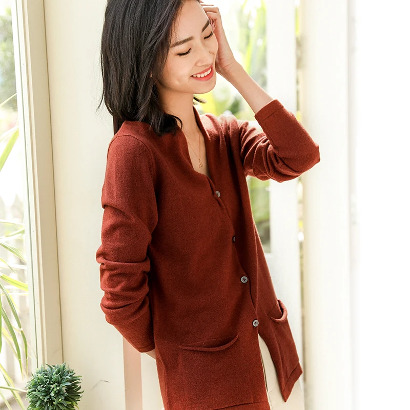 LHZSYY New Cashmere Cardigan Women' V-neck Solid color Sweater Spring And Autumn Short Pocket Wool Knit Jacket Wild Female Shirt