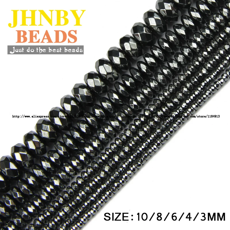 JHNBY AAA Natural Stone Black Hematite manik Flat Round Faceted Loose beads Stone ball 3/4/6/8 / 10MM Gelang perhiasan Membuat DIY