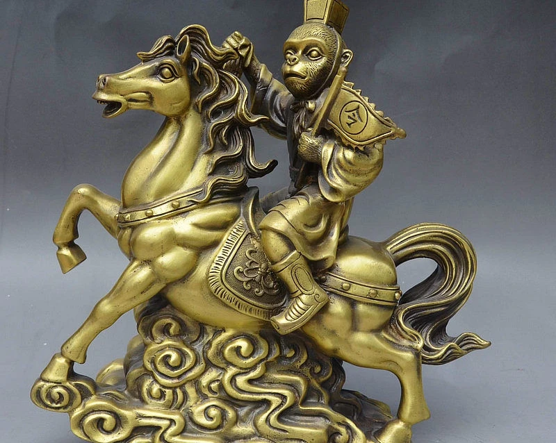 

12" China Folk FengShui Bronze Monkey Flag of command Signet Ride Horse Statue