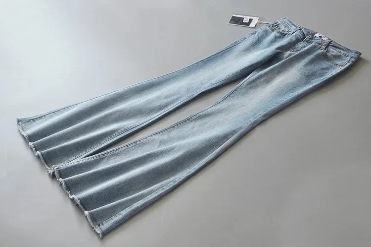 Calças de Brim para Mulheres 2020 do Vintage de Cintura Baixa Incendiar Elásticas Estilo Retro Fundo Sino Magro Calça Jeans Feminina Azul Escuro Denim Perna Larga Calças 28 Moda Feminina