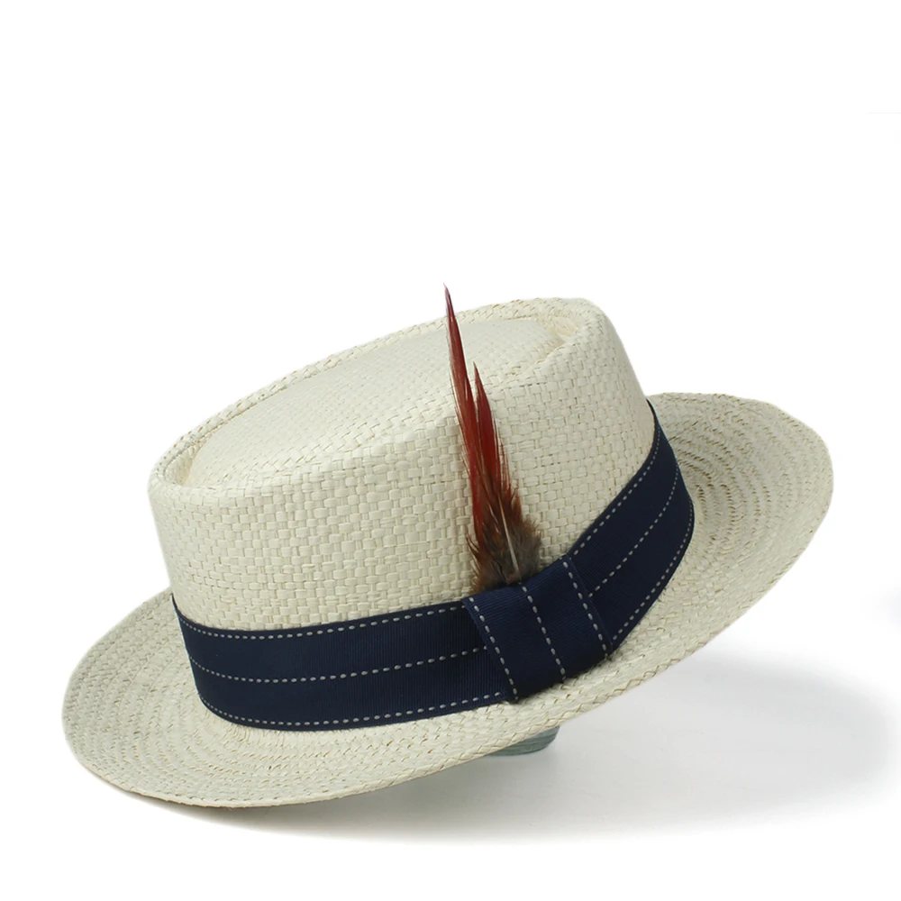 Летние соломенные из пальмового волокна шляпа-пирожок Womem Мужская Солнцезащитная шляпа Женская плоская перо пляжная Панама Sunhat чародейная шляпа - Цвет: Light Straw