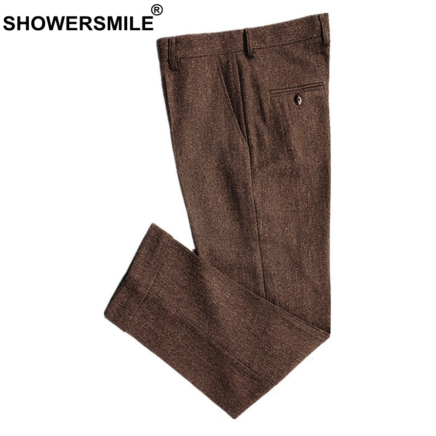 SHOWERSMILE, Классические мужские брюки, твидовые мужские шерстяные брюки, коричневые шерстяные толстые теплые брюки для зимнего костюма, облегающие мужские брюки с узором в елочку