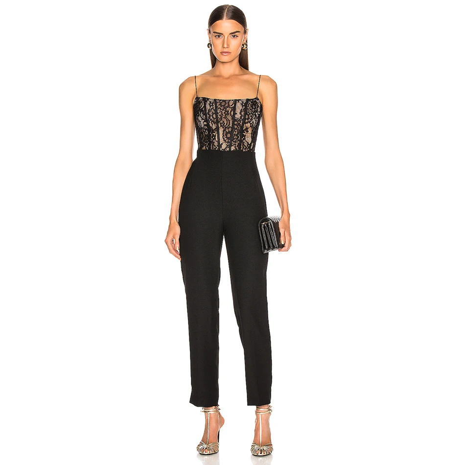 Summer New Women's Sexy Black Bandage Jumpsuit Sleeveless Lace Bodycon Jumpsuit Celebrity evening Party Jumpsuit