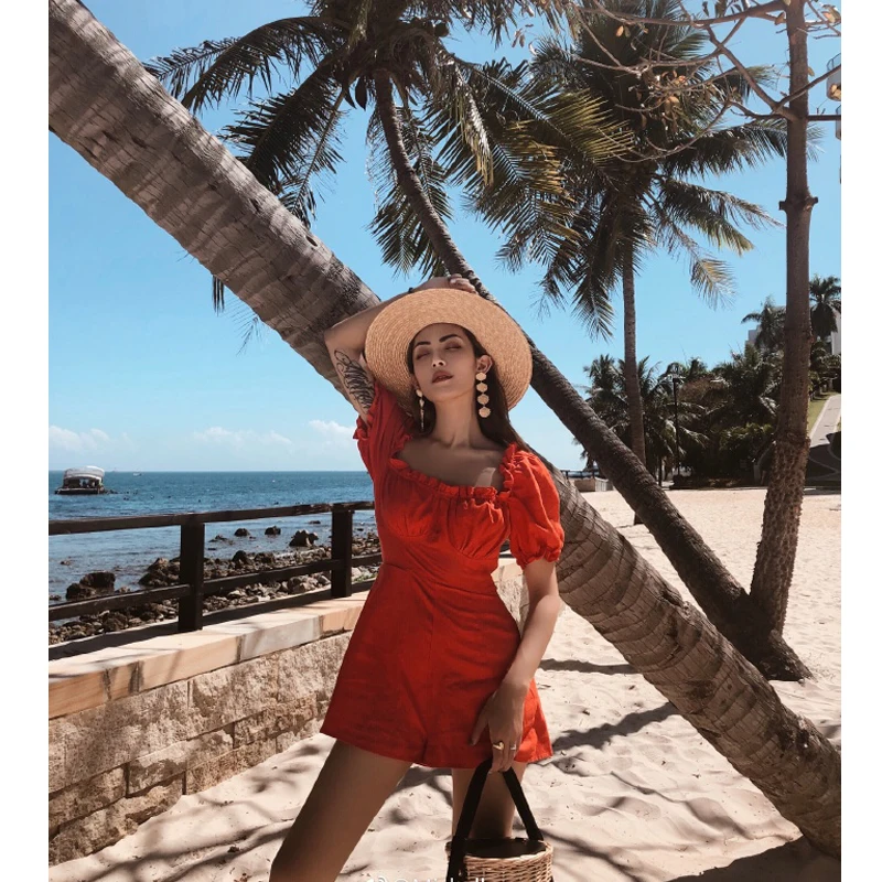 

Vintage Women Puff Sleeve Jumpsuits Casual Ladies Wide Leg Romper Korean Style High Waist Play Suits Short Wide Leg Beach Wear