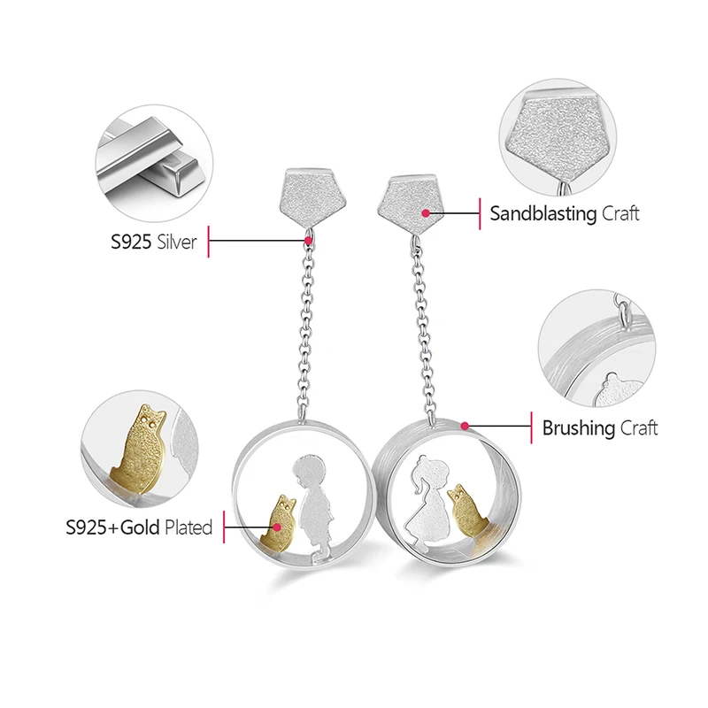 Lotus Fun Real 925 Sterling Silver Earrings Creative Handmade Fine Jewelry Meeting Love With Cat Drop Earrings for Women Brincos