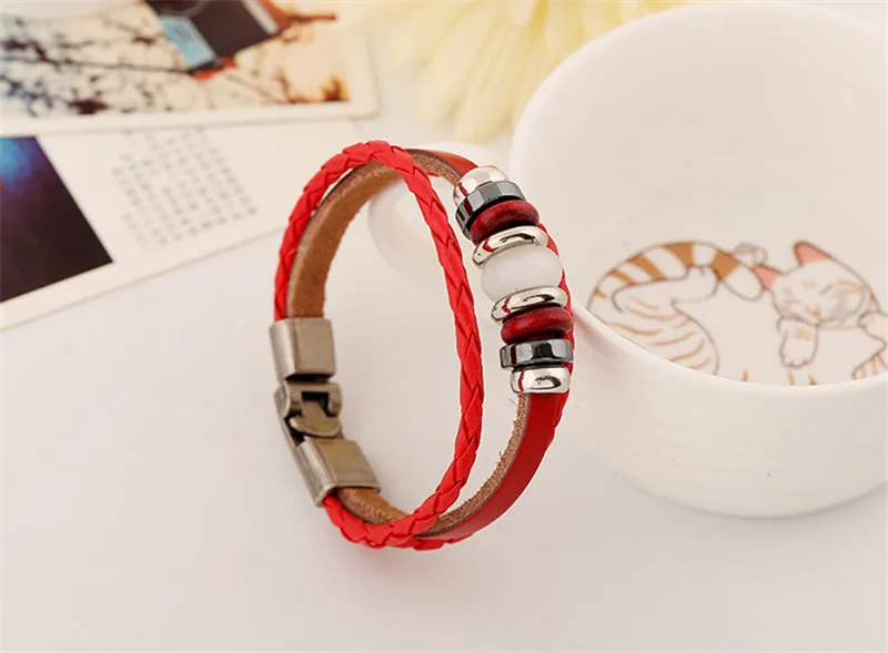LETAPI крутой ручной работы Красный Кожаный Плетеный мужской браслет винтажная бусина браслет ювелирные изделия