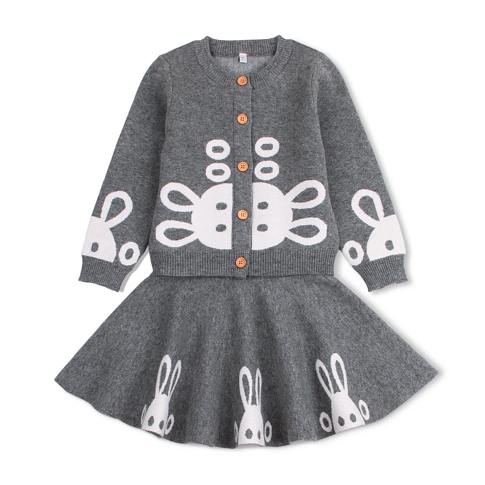 

Winter Warm Children Skirt Suit for Girls Autumn Long Sleeves Clothes Sets White Rabbit Knitted Kids Jacket Tops + Skirt Outfits