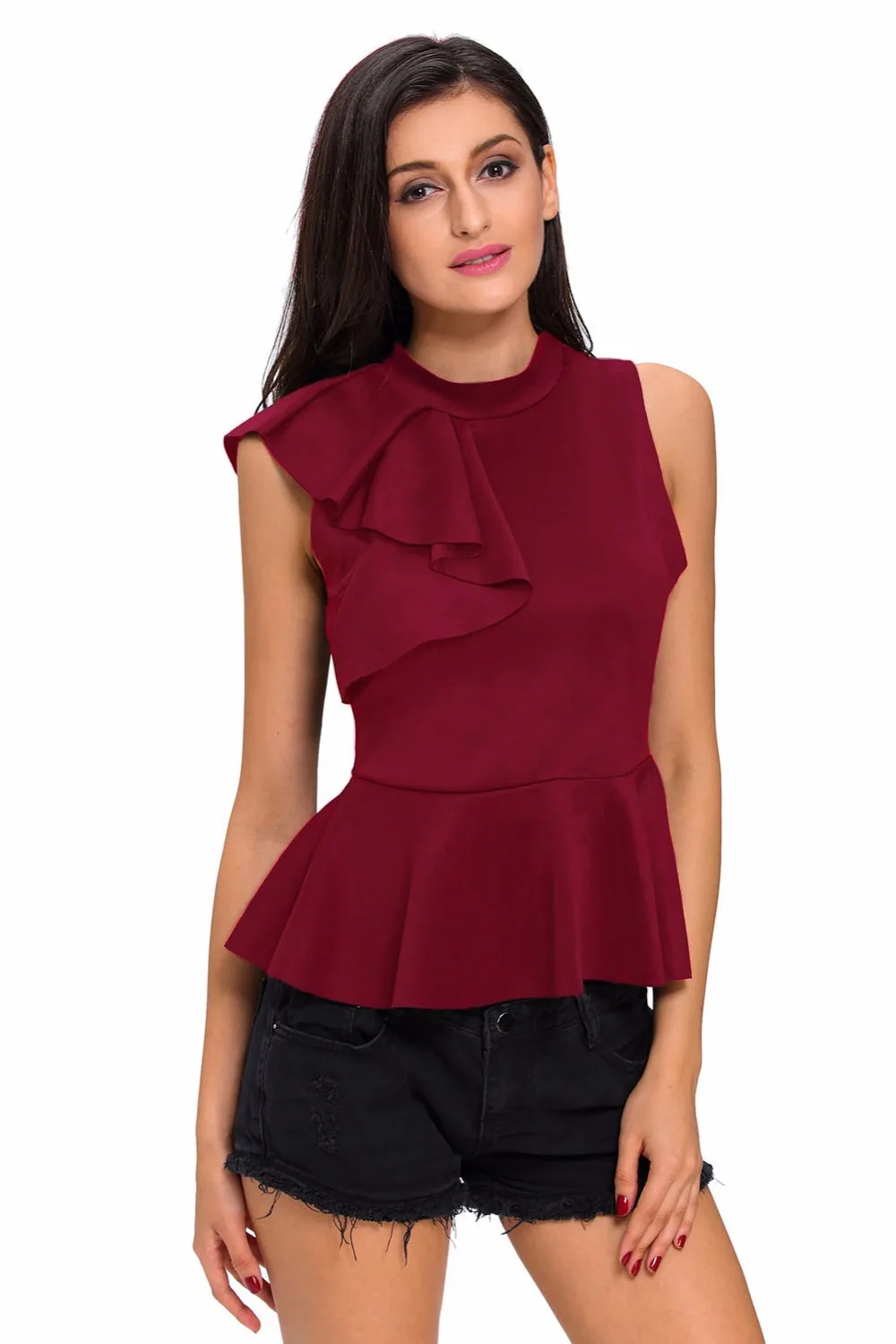 Wine-Asymmetric-Ruffle-Side-Peplum-Top-LC25845-3-1
