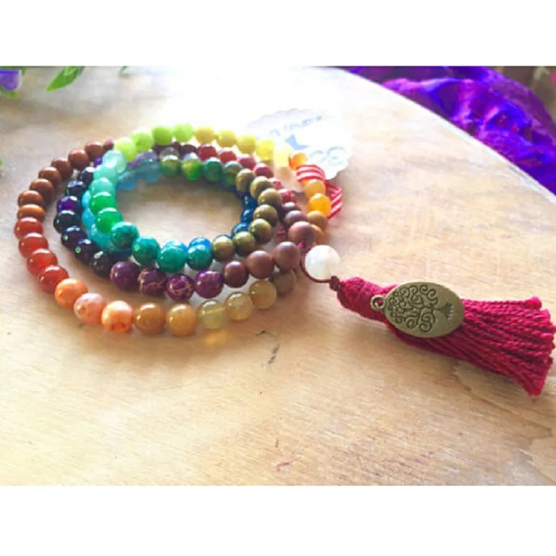 Comprar 8mm Natural colorido Chakra energía piedra hecha a mano 108 Mala pulsera con Árbol de la vida colgante Yoga borla collar Dropshipping