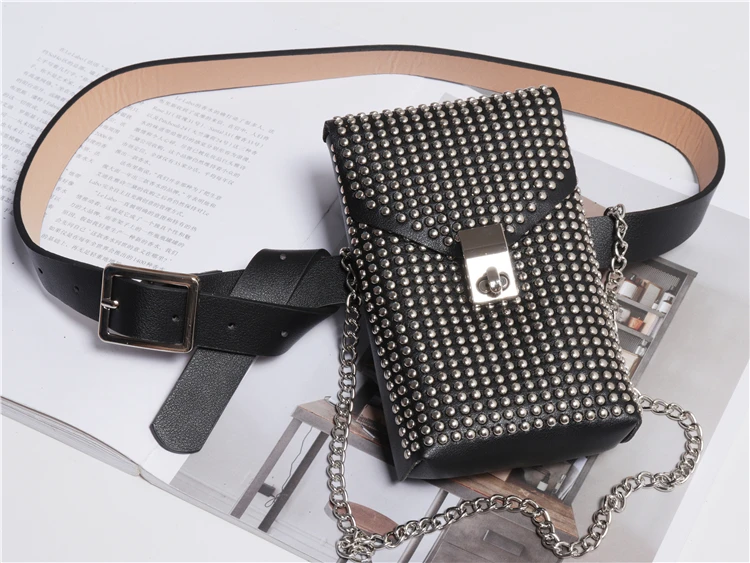 New Design Women Waist Belt Packs With Phone Bag Punk Rivet Studded Street Fanny Packs Female Chain Shoulder Crossbody Bags