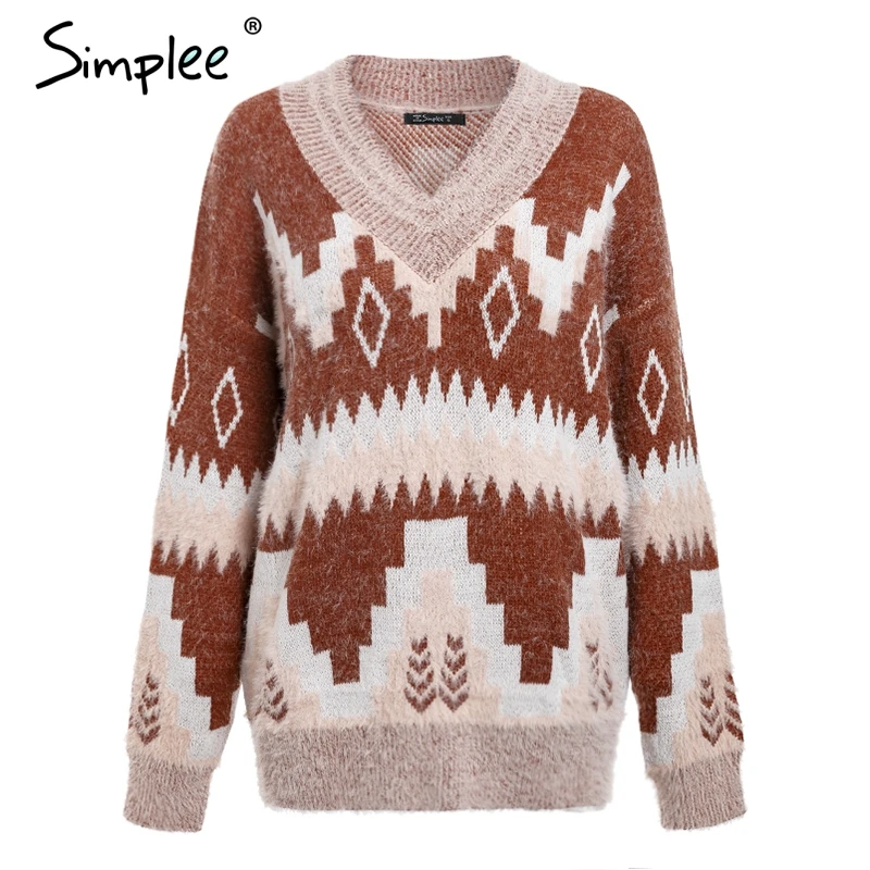 Simplee Christmas v neck geometric women sweater Casual long sleeve fashion pullover female 2018 Autumn winter jumpers