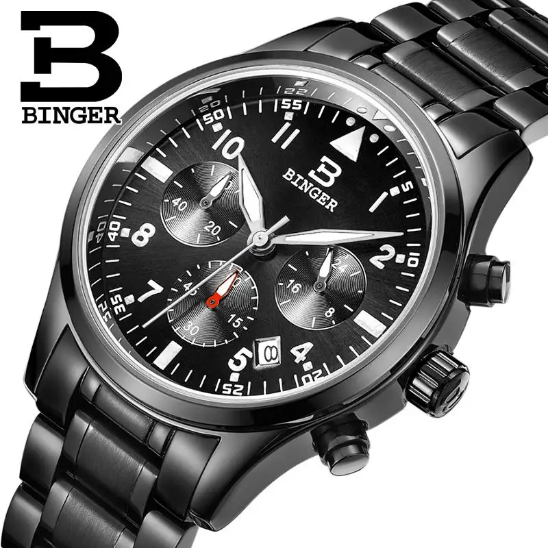 

Switzerland BINGER men's watches luxury brand Quartz waterproof full stainless steel Chronograph Stop Watch Wristwatches B9202-3