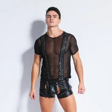 Sexy Costumes Exotic Tanks for Men Transparent Club Pole Dance Pu Leather Plus Size Lingerie Sexy Hot Erotic Medias(Just Tops