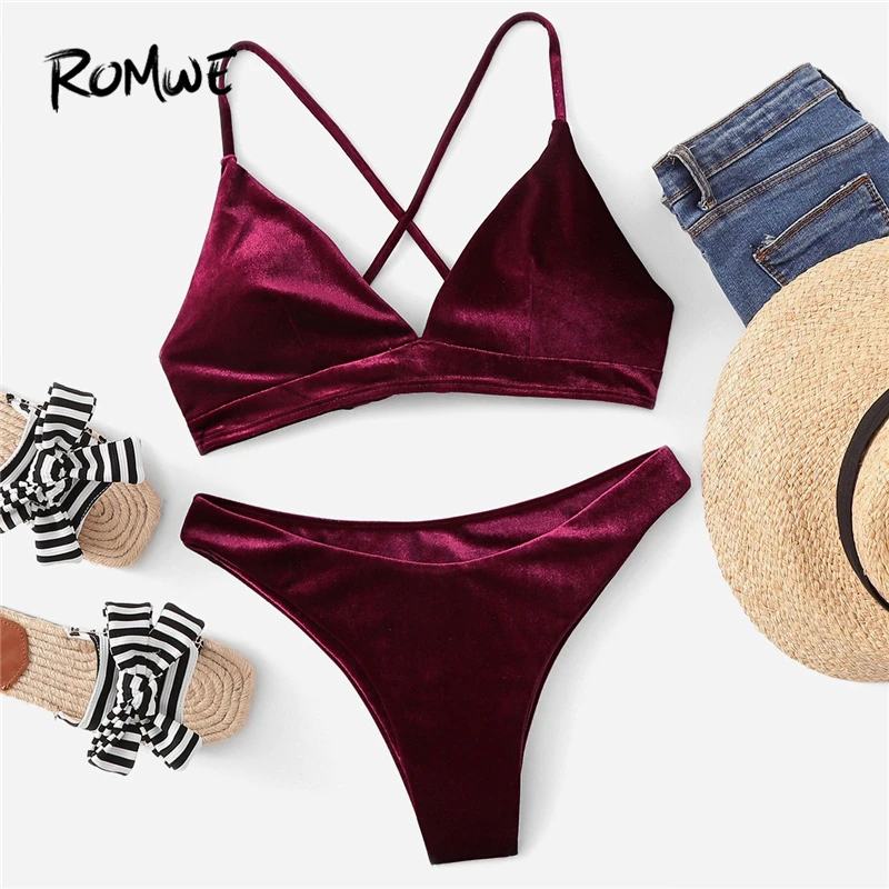 Romwe Sport Burgundy Push Up Padded Cross Back Bikini With High Cut Bottoms Velvet Bikinis Set Women Sexy Beach Swimming Suits Romwe Sport Burgundy Push Up Padded Cross Back Bikini With High Cut Bottoms Velvet Bikinis Set Women Sexy Beach Swimming Suits