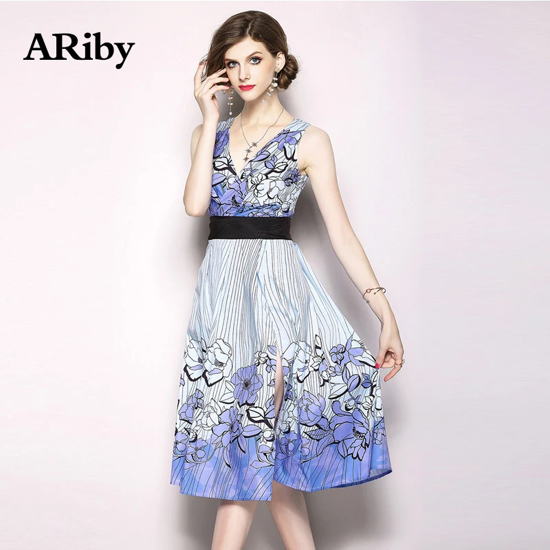 Women Vest Dress Party Dresses 2019 Summer New Office Lady V Collar Sleeveless Sexy Hot Fork Printed A-Line Knee-Length Dress