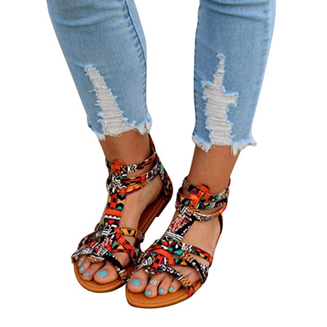 

Female Beach Flat Comfortable Sandals Women Flat Shoes Bohemian Summer Roman Sandal Ladies Boho Back Zipper Sandalias Colorful