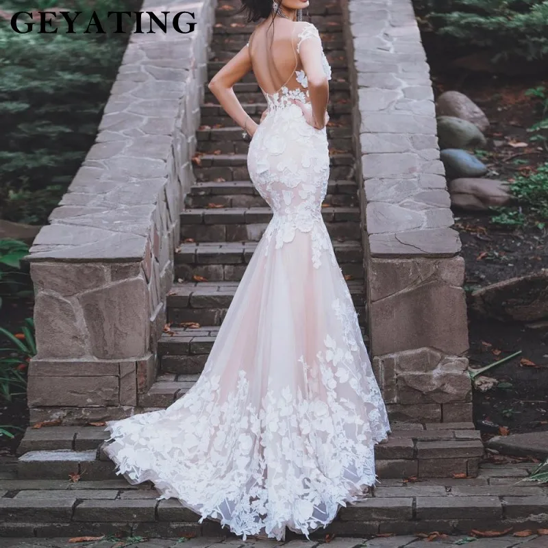 Румяна Розовый Русалка свадебное платье 2019 Vestidos de novia с открытыми плечами Винтаж Кружева Аппликации с открытой спиной свадебное Вечерние es