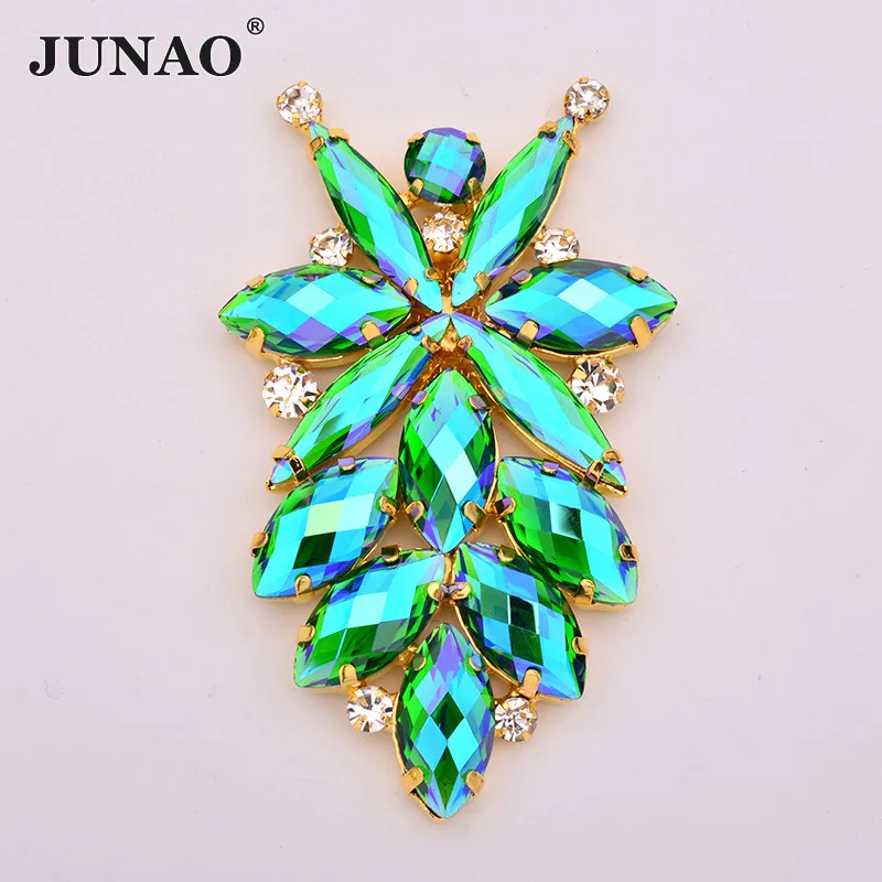 JUNAO 42*72 мм шитье красочные AB стекло стразы цветок пришить Кристалл камень Flatback золото алмазный страз для одежды ремесла - Цвет: 42x72mm Green AB