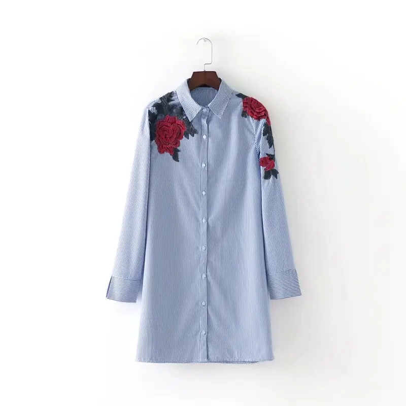 

2017 Women Vintage Flower Patch Striped Shirts Blouse Women elegant work wear casual Embroidery Long blouse for business LS1197