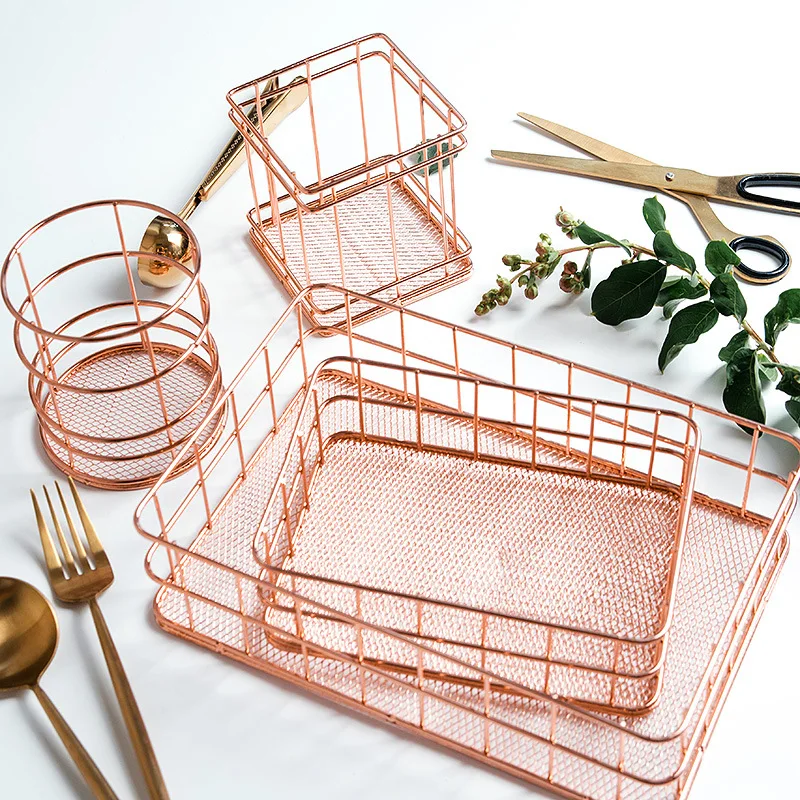 

Nordic Rose Gold Mesh Basket for Jewelry and Cosmetics Basket Office Storage Table Accessories Makeup Brush Holder Organizer