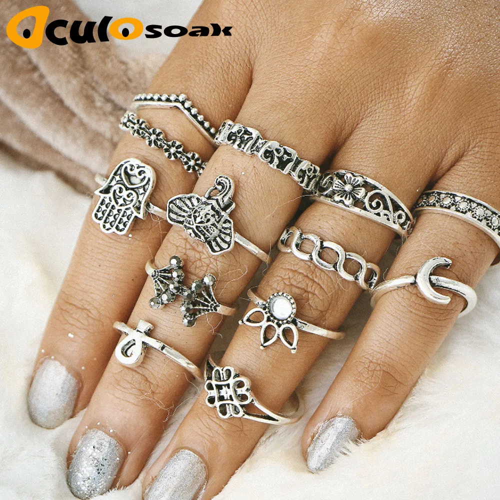 

Bohemia Waveing Midi Rings set for Women Alloy Elephant Moon Flower Semi-precious Stones Finger Knuckle Ring 13PCS Jewelry