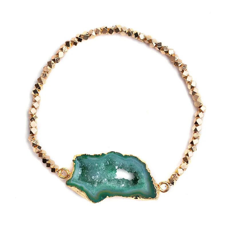 BoJIU модный большой натуральный камень кварц друзы браслеты с подвесками для женщин ручной работы золотое покрытие медные бусы браслет Drusy BCSET131