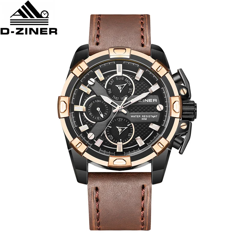 

D-ZINER Mens Luxury Quartz Watches High Quality Bussiness Watch For Man Waterproof Real Leather Strap Clock Relogio Masculino
