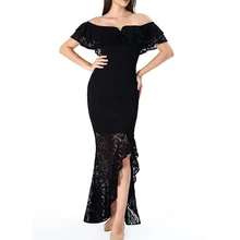 Vfemage женское сексуальное Прозрачное цветочное кружевное платье с открытыми плечами, двухслойное платье с оборками и разрезом, вечернее длинное платье макси 2238