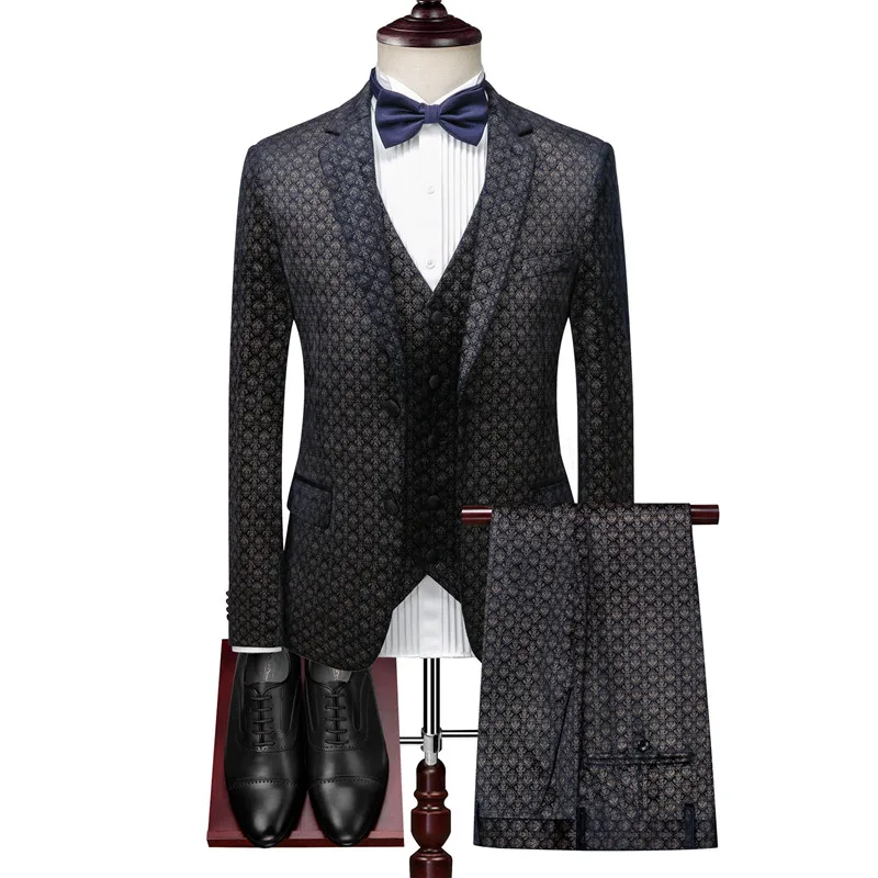 

Men's suits autumn and winter printing lattice slim high-end luxury European banquet dress velvet warm blazer + pants + vest