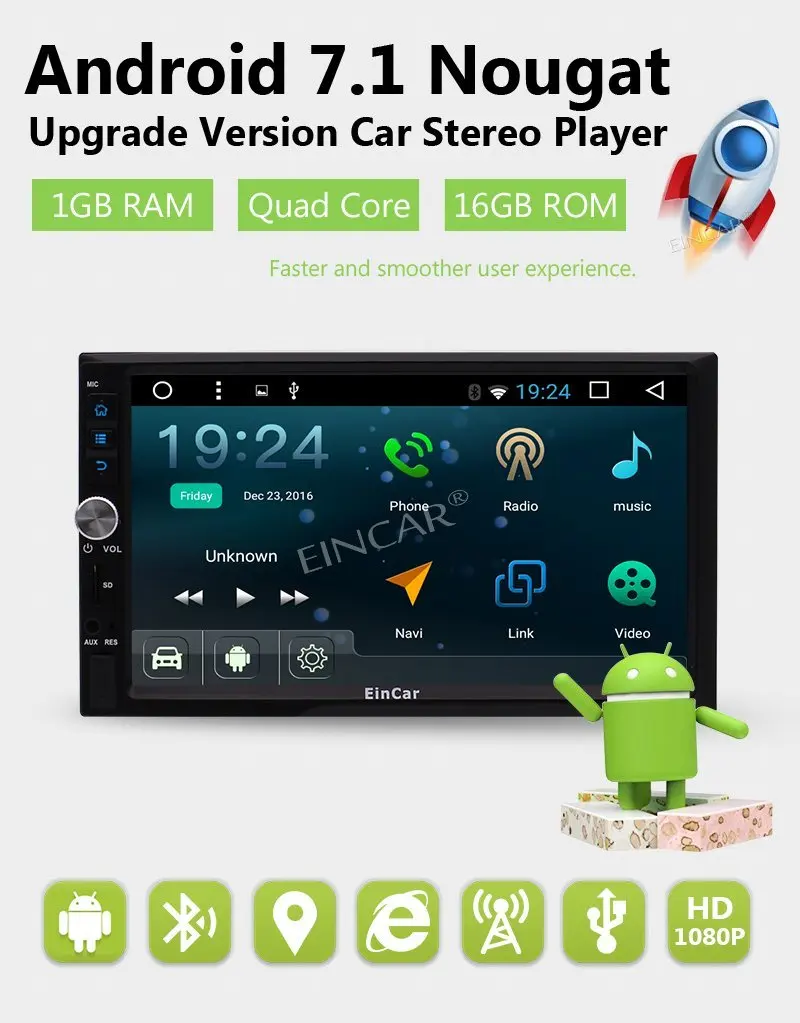 Top 2 DIN Android 7.1 Autoradio Eincar HD 1080P Touchscreen Quad Core 2GB RAM Navigation GPS Radio AM FM Bluetooth Screen Mirroring 1