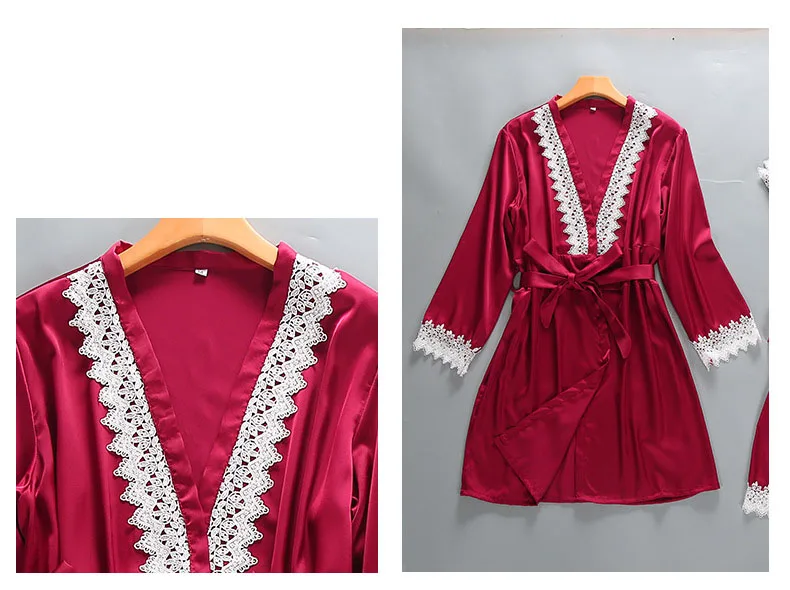 Queenral 4PCS Pajamas Set Satin Sleepwear Female With Chest Pads Long Sleeve Summer Home Clothing Pijama Nightwear Robe Pyjamas 456