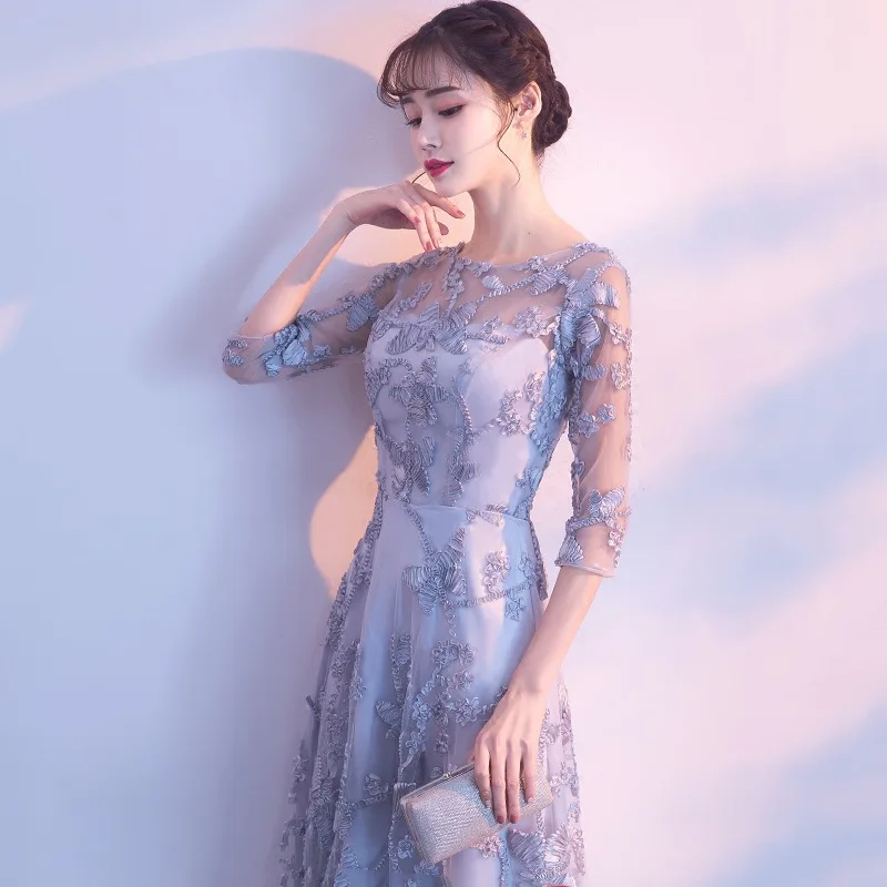 New arrival Women Elegant Evening Dresses Round Collar Printing Tulle Short Sleeve Grey Casual Party Evening Dress ES1221