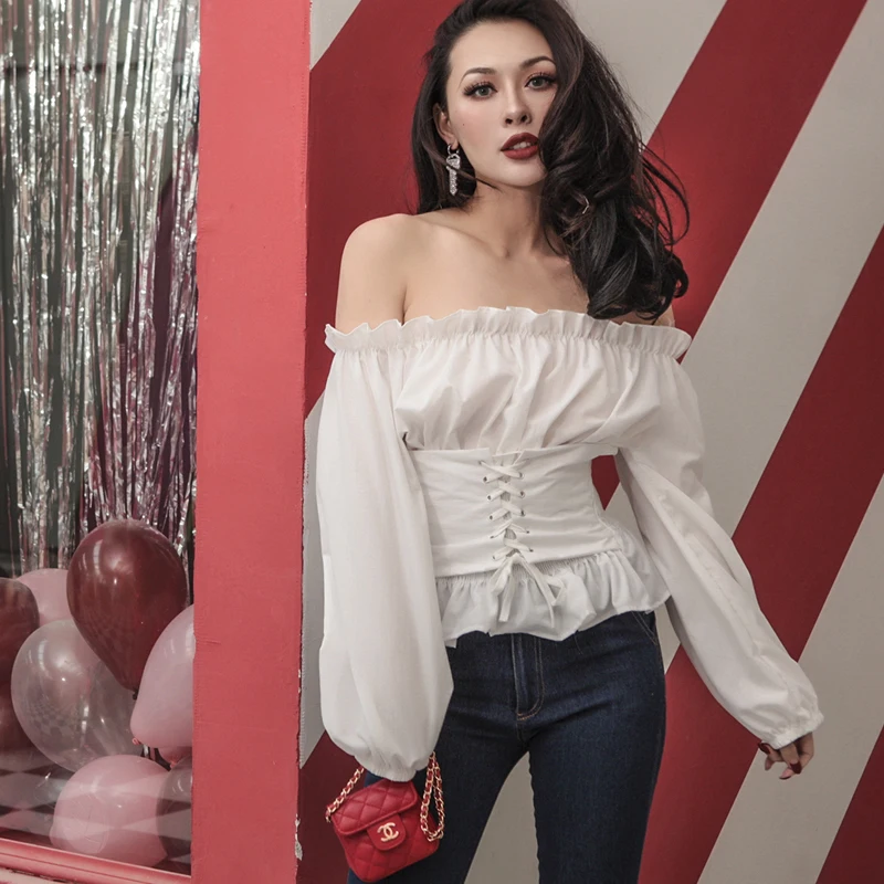 

2018 Spring Stylish Vintage Pleated Lantern Sleeve Blouse Slim Adjustable Fake Girdle Elegant Slash Neck Women Shirt