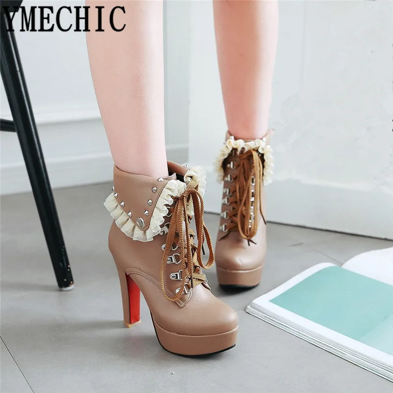 

YMECHIC Khaki White Black Fashion High Heels Combat Boots for Women Rivet Platform Lace Up Military Ankle Boots Female Plus Size