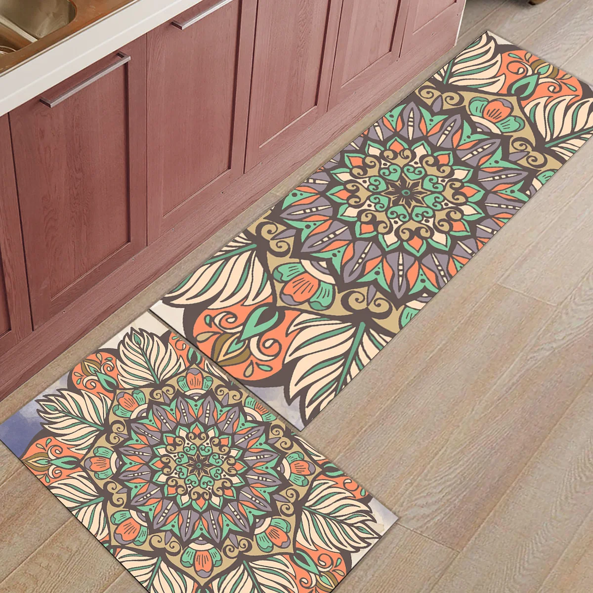 

Ethnic Flower Floral Under A Pet Water Food Bowl Dirt Debris Mud Trapper Accessory Sets Floor Carpets Natural Coir Area Runners