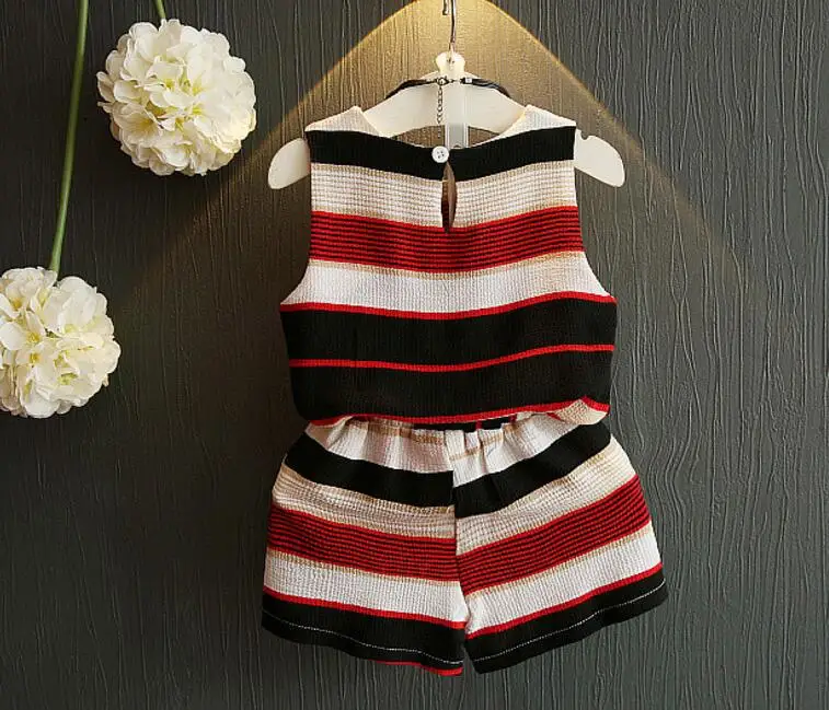 Sleeveless Girls Clothing Sets Casual Chiffon Striped Shirt Tops Shorts 2-piece Kids Clothes 2019 Summer Children Outfits Suit (4)
